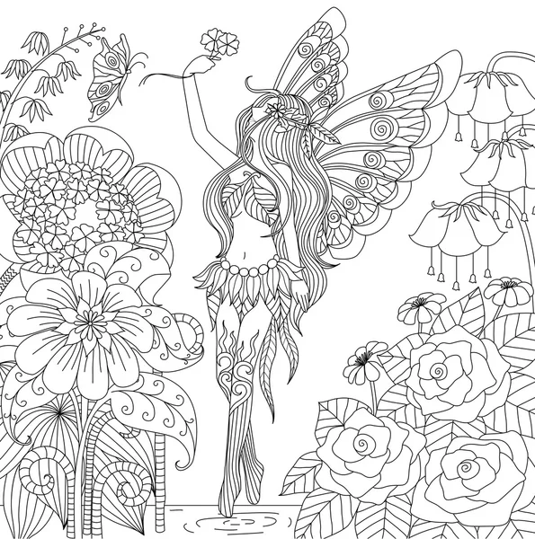 Hand drawn fairy flying in flower land Stock Illustration