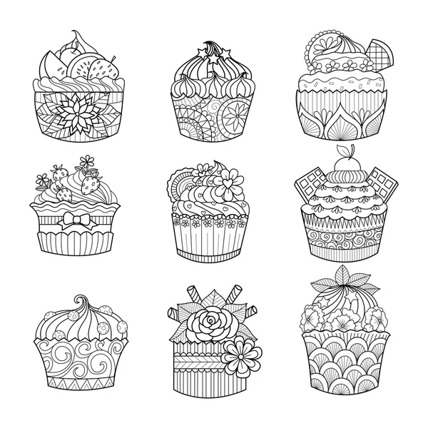 Cupcake disegnato a mano per libro da colorare per adulti — Vettoriale Stock