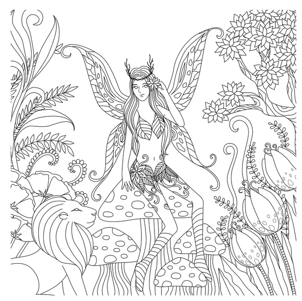 Ручная рисованная фея летит в цветочный край для раскраски книги для взрослых — стоковый вектор