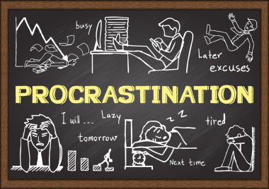 Doodles about procrastination  on chalkboard. clipart