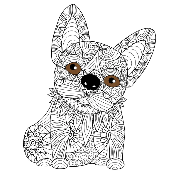 Estilo zentangle cachorro bulldog desenhado à mão para colorir livro para adulto —  Vetores de Stock