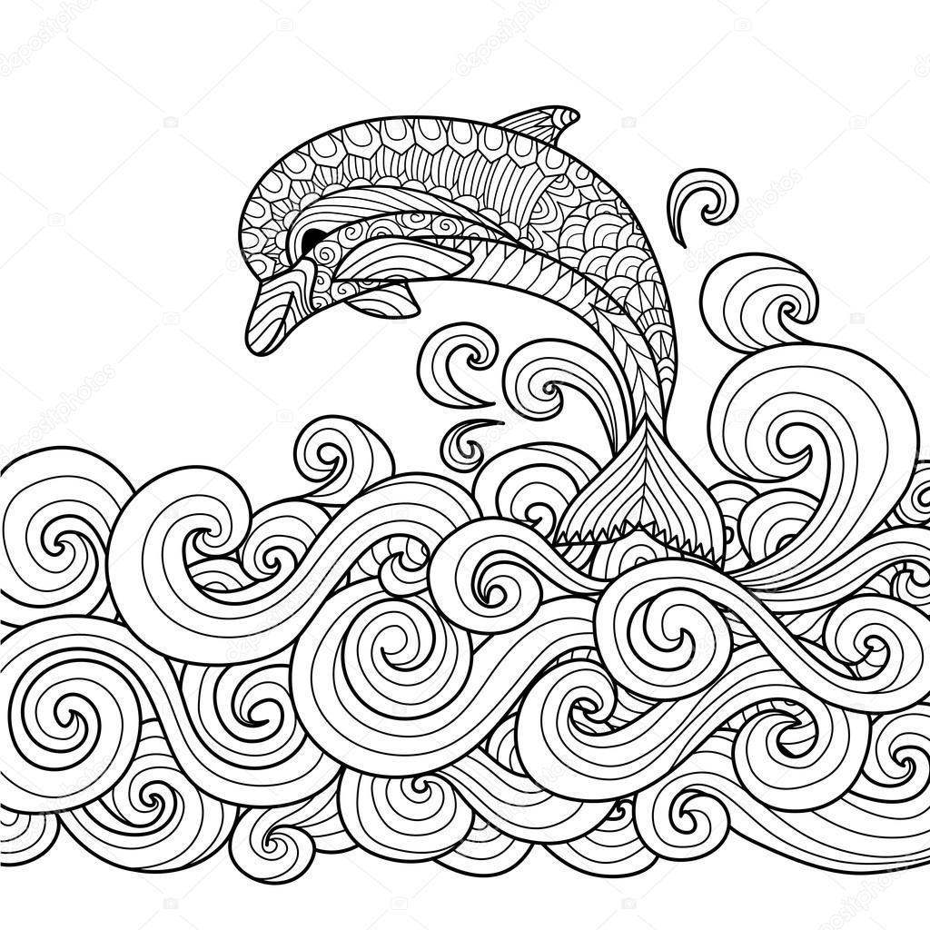 Hand drawn zentangle dolphin with scrolling sea wave for coloring ...