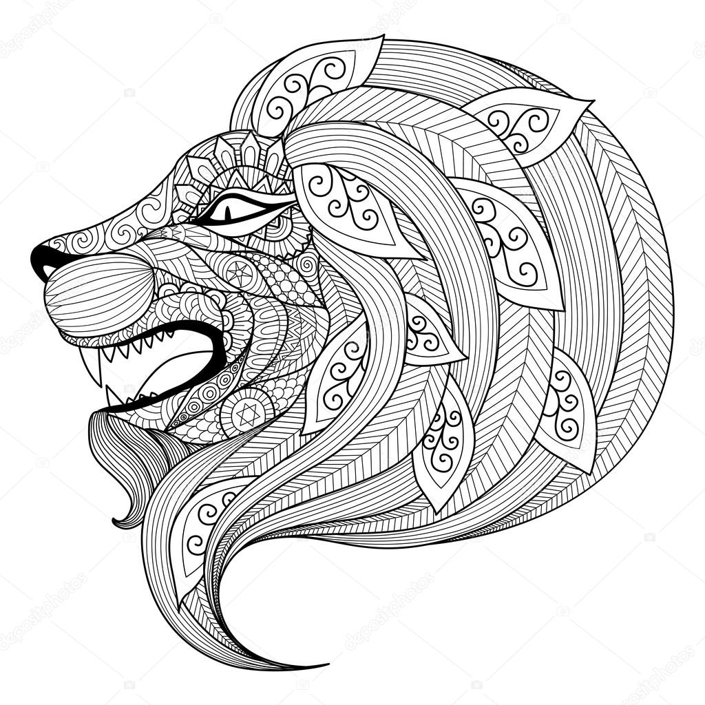 Hand drawn zentangle angry lion  for coloring page