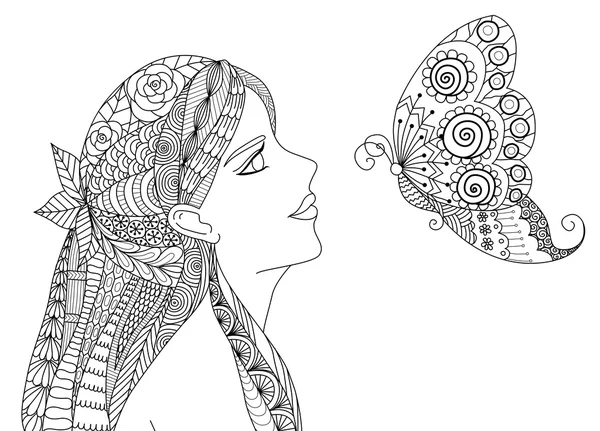 Zentangle bella ragazza guardando volare disegno farfalla per libro da colorare per adulti — Vettoriale Stock