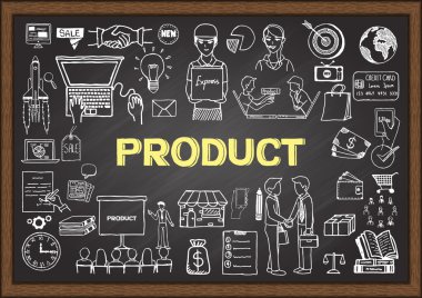 Kara tahta üzerinde ürün hakkında iş doodles.
