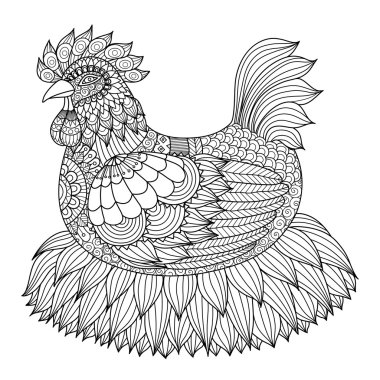 Kitap için yetişkin renklendirme için çizilmiş zentangle tavuk el