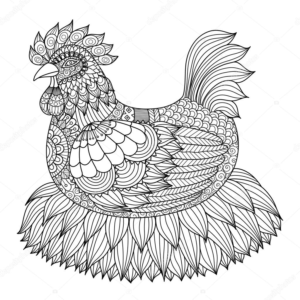Hand drawn zentangle chicken for coloring book for adult