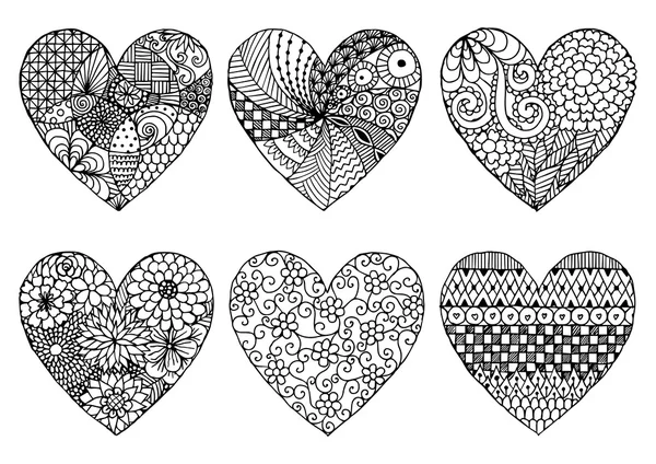 Dibujado a mano seis corazones estilo zentangle aislar en blanco — Vector de stock