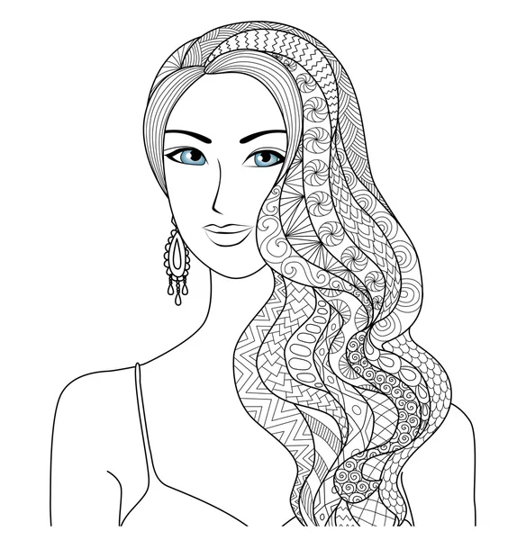 Dessin femme sexy style de cheveux zentangle pour livre de coloriage pour adulte — Image vectorielle