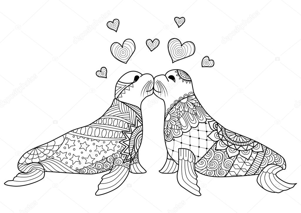 Zentangle seals kissing each other for coloring book for adult and valentines or wedding card design element