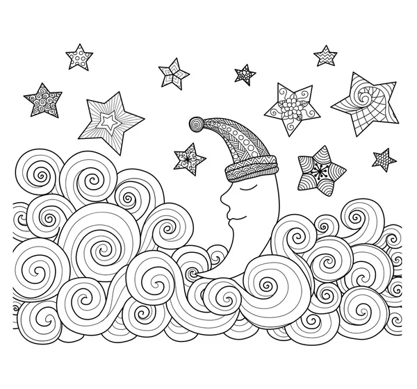 Lune dormir parmi les étoiles zentangle conception pour livre de coloriage pour adulte — Image vectorielle