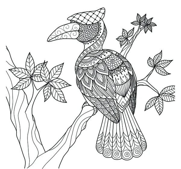 Hornbill fågel på trädet zentangle design för målarbok för vuxen — Stock vektor