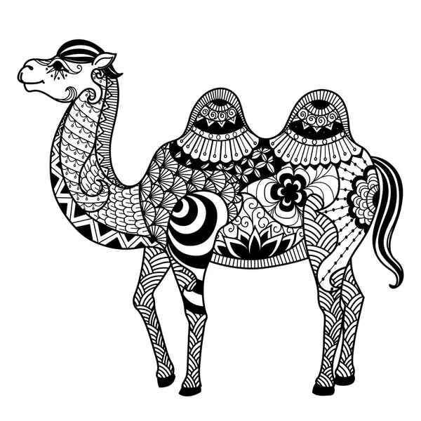 Zentangle camel design for coloring book for adult or other decorations — Stock Vector