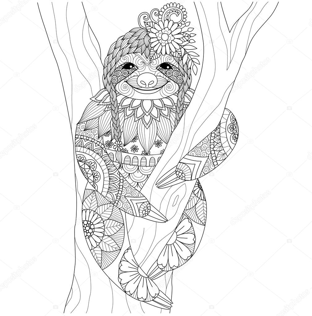 Sloth zentangle design for coloring book  for adult and other decorations