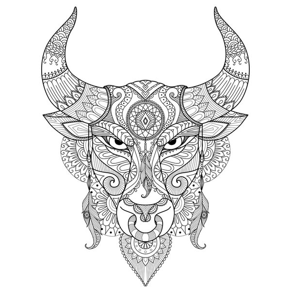 Рисунок сердитый бык для раскраски книги, татуировки, дизайн футболки и другие украшения
