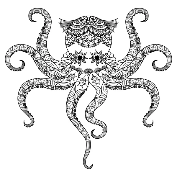 Dibujo pulpo zentangle diseño para colorear libro para adultos, tatuaje, diseño de camiseta y así sucesivamente — Archivo Imágenes Vectoriales