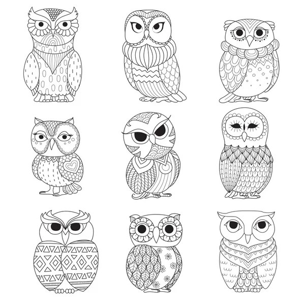 Nine owls design for coloring book, tattoo, shirt design and other decoration — Stock Vector