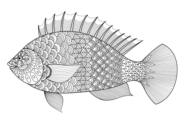 Linea di pesci stile zentangle arte per libro da colorare per adulti, tatuaggio, logo, t shirt design, elemento per il design e così via — Vettoriale Stock