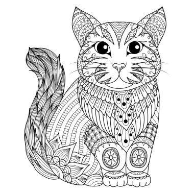 Çizim zentangle kedi boyama sayfası, gömlek tasarım etkisi, logo, dövme ve dekorasyon için.