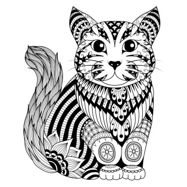 Çizim zentangle kedi boyama sayfası, gömlek tasarım etkisi, logo, dövme ve dekorasyon için.
