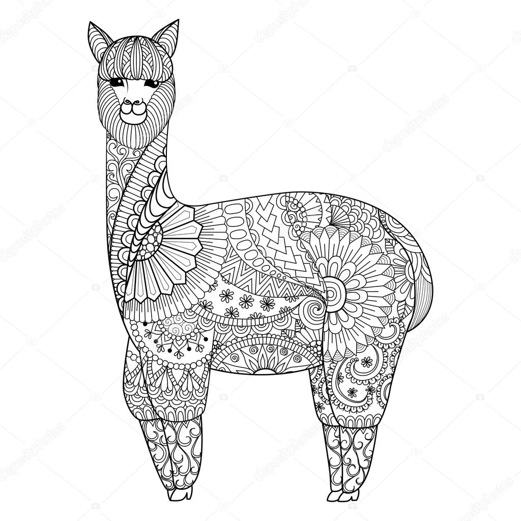 Alpaca zentangle design for coloring book for adult, logo, t shirt design and so on