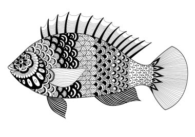 Balık boyama kitabı için yetişkin, dövme, T gömlek tasarım, tasarım öğesi ve benzeri için sanat tasarım satır