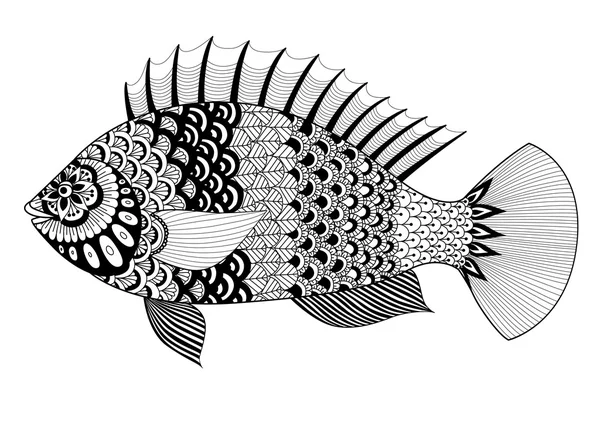 Design de arte de linha de peixe para colorir livro para adulto, tatuagem, design de camiseta, elemento para design e assim por diante — Vetor de Stock