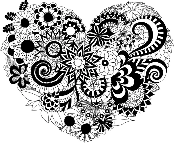 Flowers in the heart shape pattern for coloring book — Stock Vector