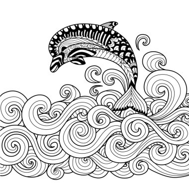 Kitap için yetişkin renklendirme için dalga deniz kaydırma ile el çekilmiş zentangle yunus