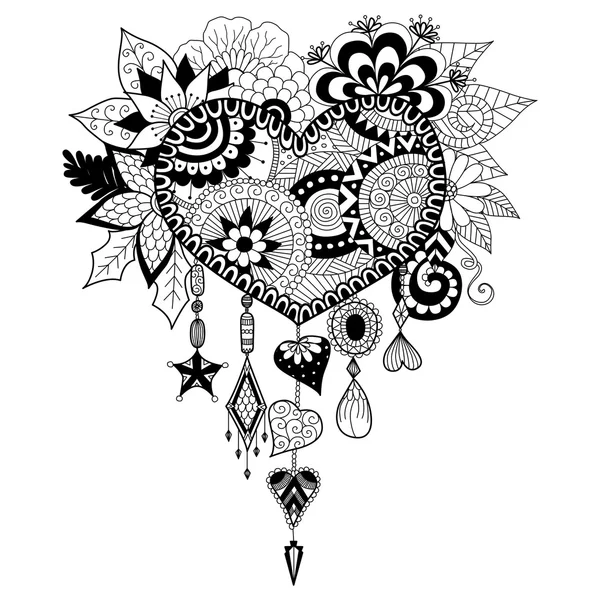 Heart shape floral dream catcher for coloring book for adult — Stock Vector