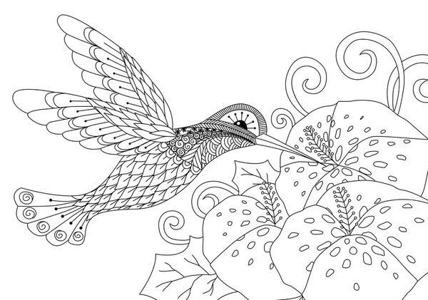 Zentangle humming design de pássaros para colorir livro para adultos — Vetor de Stock