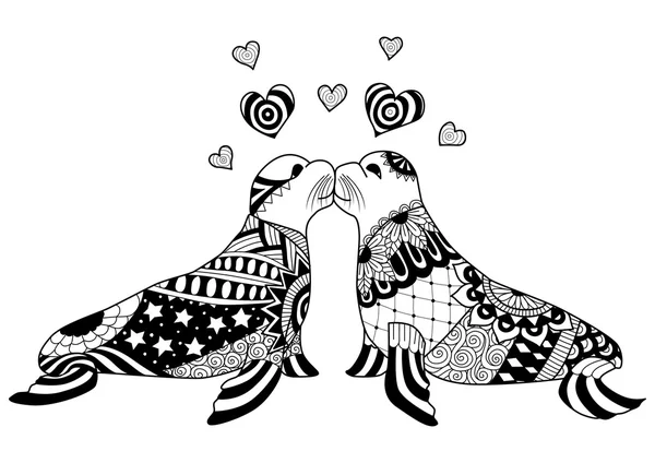 Hand drawn zentangle seals couple kissing for coloring book for adult, valentines and wedding card design element and other decorations — Stock Vector