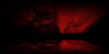 Derin, kan kırmızısı ve siyah grunge dokusuna bürünmüş yansıtıcı zemin ve duvarı olan stüdyo ya da sahne alanı. Perspektif, her ikisi de kumla kaplı zeminin duvarla buluştuğu köşe ya da odayı öneriyor.