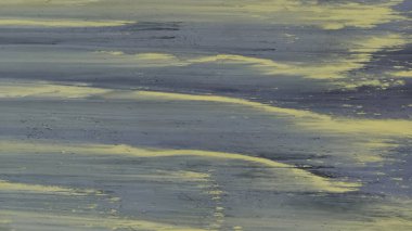 Soyut, boyalı dokular geniş, yatay çizgiler koyu mavi-gri veya kayrak ve zıt noktalar sönük sarı renkte. Fırça darbeleri veya çizgiler hareketliliği gösteren dinamik ve dalgalı desenler oluşturur