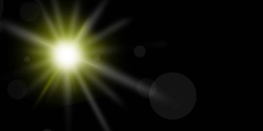 Parlak altın mercek parlaması ya da ışık saçan ışınlar ile güneş patlaması etkisi ve saf siyah zemin üzerinde yumuşak gri bokeh daireler oluşturarak yüksek kontrastlı mistik ya da kutlama havası yaratır.