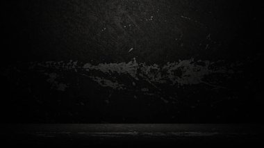 A dimly lit, dramatic, and moody dark room with a grungy, textured wall featuring a wide band of rough, pale gray paint splatter, emphasizing a somber atmosphere