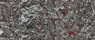 Buruşmuş gümüş folyonun desenli parlak yüzeyi. Metalik yansımalar ve derin kırışıklıklar soyut arkaplanlar ve modern tasarımlar için mükemmel bir dinamik fütüristik zemin oluşturur.