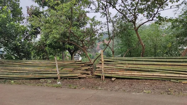 Foto Van Bamboe Opgestapeld Aan Kant Van Weg Die Later — Stockfoto