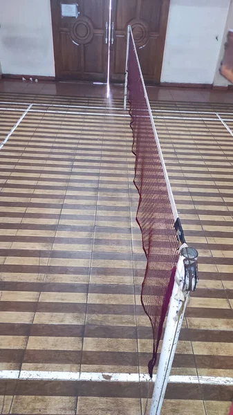 Abstract Defocused Photo Floor Striped Square Pattern Badminton Court — Stok Foto