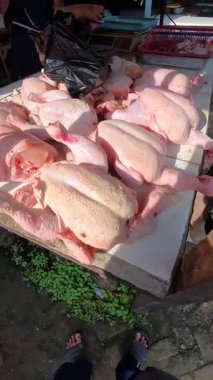 Geleneksel bir kasap dükkanında sineklerle çevrili çiğ tavuk eti yığınının dikey video klibi. 4K HD çözünürlüğündeki bir et deposundan et alışverişinin POV görüntüleri.