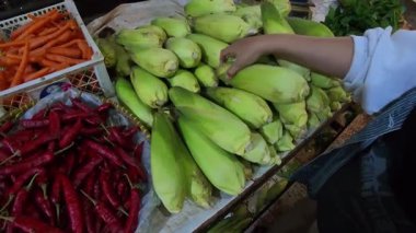 Birinci Sinema Kişisi: Endonezya 'nın Bandung kentindeki geleneksel bir pazarda kabuklara sarılmış taze, çiğ mısırları seçmek. POV 4K çözünürlüklü geleneksel bir pazardan alışveriş görüntüsü.