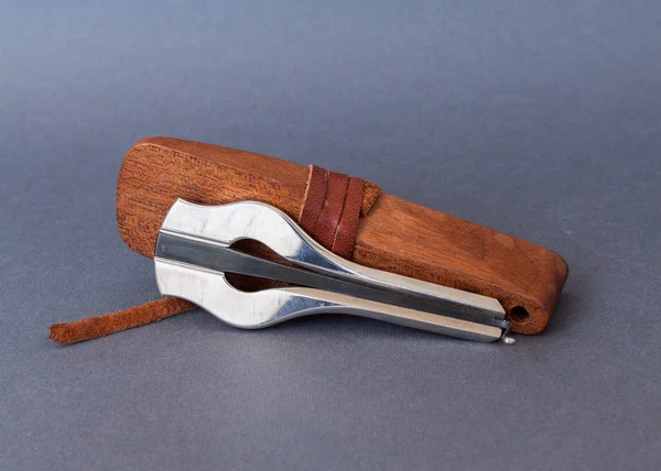 Jew's harp with wooden case on grey background — Stock Photo, Image