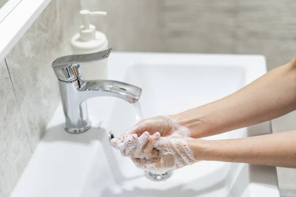 Covid Coronavirus Pandemic Prevention Cropped View Woman Washing Her Hands Royalty Free Stock Images