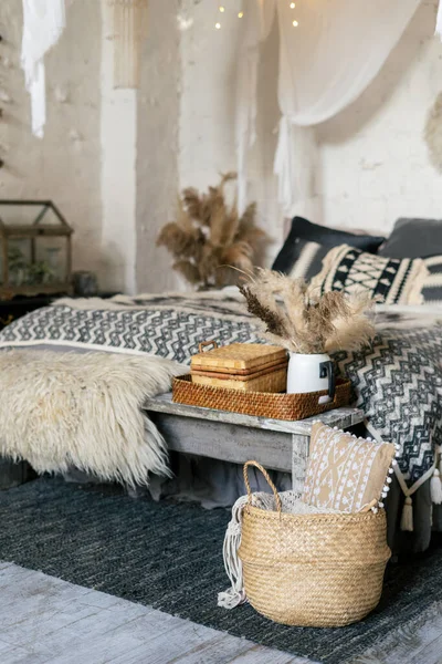 Stillevens Concept Verticale Foto Van Gezellig Appartement Boho Stijl Interieur — Stockfoto