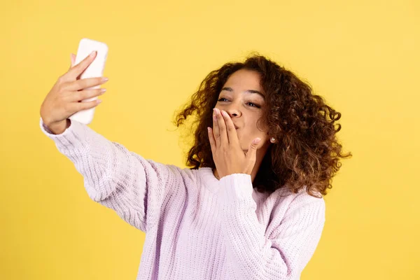 Charming Young Afro American Woman Making Online Video Call Modern — Stock Photo, Image