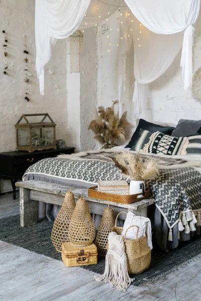 Vertical Photo Cozy Bedroom Bohemian Interior Plaid Pillows Home Decor — Stock Photo, Image