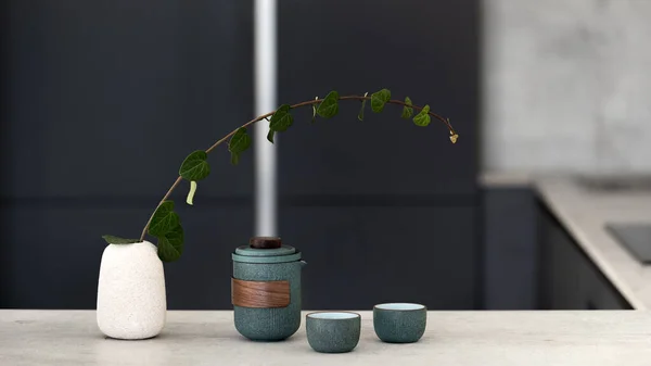 Vista Panorâmica Xícaras Cerimônia Chá Chinês Chaleira Perto Brunch Vaso — Fotografia de Stock