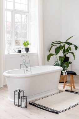 Modern banyo içerisi çok şık. Boş küvetin dikey görüntüsü ahşap zemin üzerinde orta ışık odasında büyük pencere ve yeşil ev bitkilerine karşı