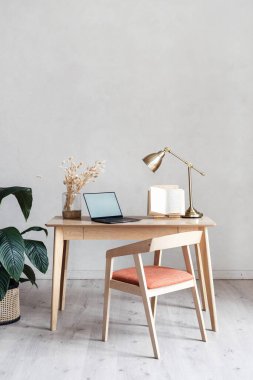 Çağdaş bir dairede ofis tasarımı. Uzayı kopyalayan dizüstü bilgisayar. Ahşap mobilyaları, yeşil saksı bitkisi ve ev dekoruyla süslenmiş masa ve sandalyesi olan rahat bir iş yeri.