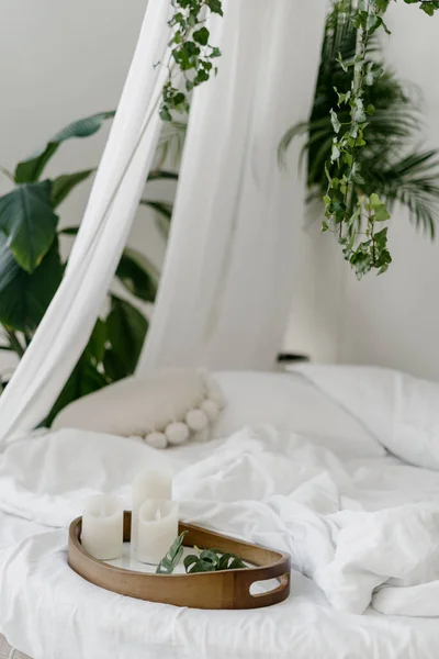 Vertical shot of white round canopy bed with candles on wooden tray. Modern light bedroom in bohemian style decorated with green tropical plants. Concept of cozy place for sleeping with no people